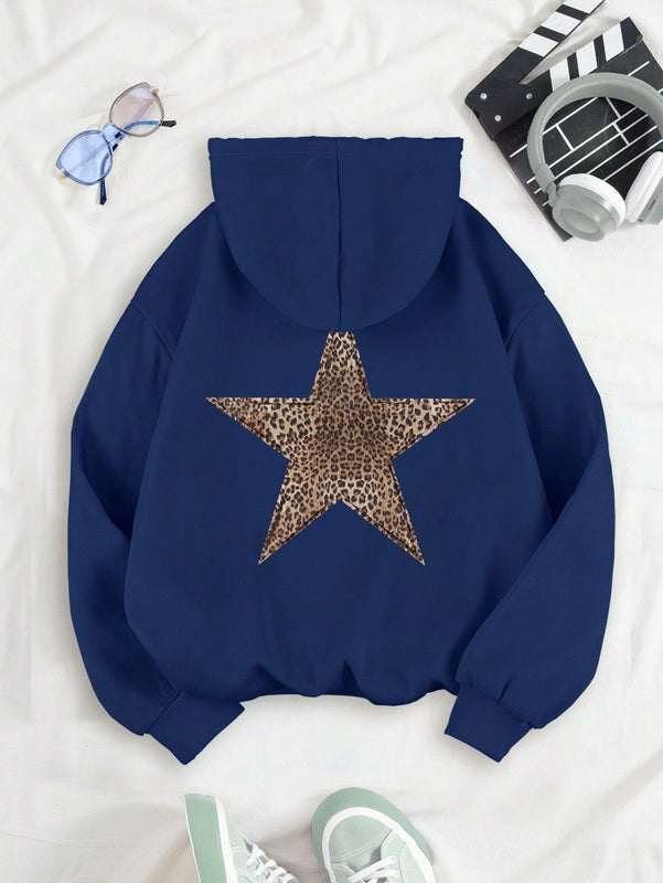 Ezwear sudadera con capucha de felpa con estampado de leopardo y estrella, otono/invierno