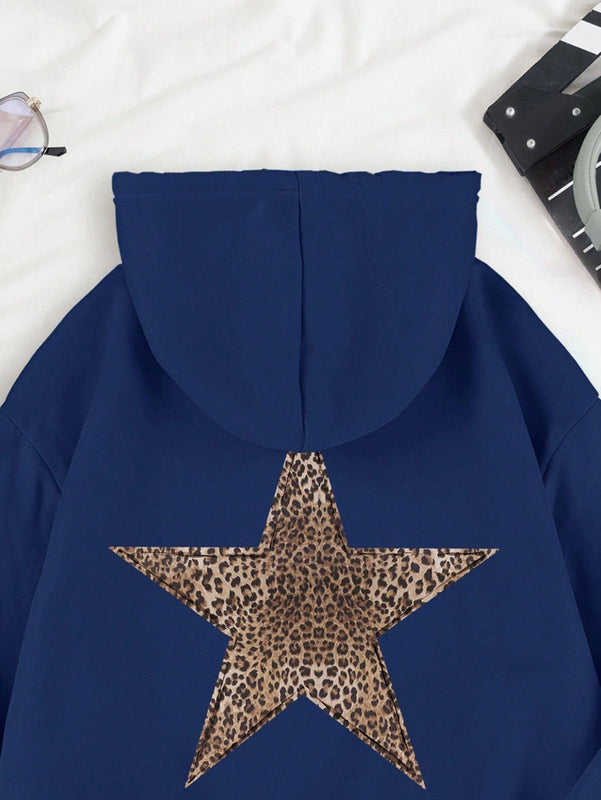 Ezwear sudadera con capucha de mujer con estampado de leopardo y estrella, hombros caidos, otono/invierno