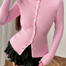 Moosta mujer chaqueta de punto de unicolor con cuello redondo, manga larga, de abotonadura sencilla, versatil y de moda, para otono/invierno
