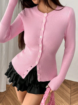 Moosta mujer chaqueta de punto de unicolor con cuello redondo, manga larga, de abotonadura sencilla, versatil y de moda, para otono/invierno