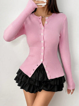 Moosta mujer chaqueta de punto de unicolor con cuello redondo, manga larga, de abotonadura sencilla, versatil y de moda, para otono/invierno