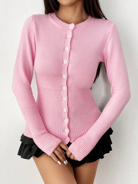 Moosta mujer chaqueta de punto de unicolor con cuello redondo, manga larga, de abotonadura sencilla, versatil y de moda, para otono/invierno
