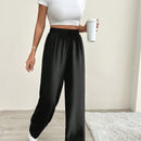 Pantalones anchos de mujer con cintura elastica, textura de algodon y ajuste relajado comodo