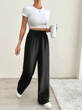 Pantalones anchos de mujer con cintura elastica, textura de algodon y ajuste relajado comodo
