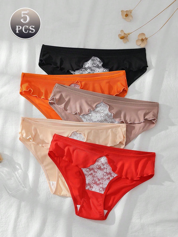 Dorsu 5 piezas bragas de encaje sexy para mujer de tiro medio, ropa interior sin costuras de encaje blanco comodo
