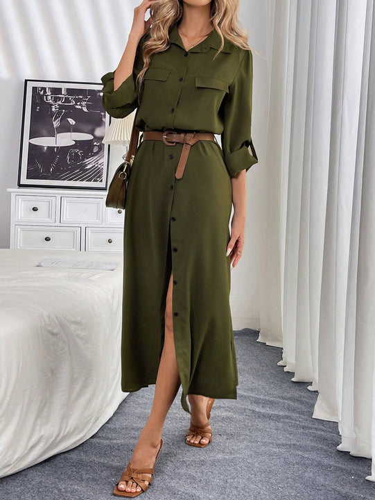 Essnce vestido camisa con mangas enrolladas y detalle de solapa sin cinturon