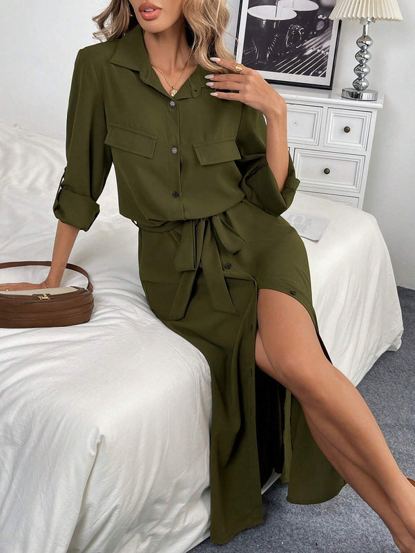 Essnce vestido camisa con mangas enrolladas y detalle de solapa sin cinturon
