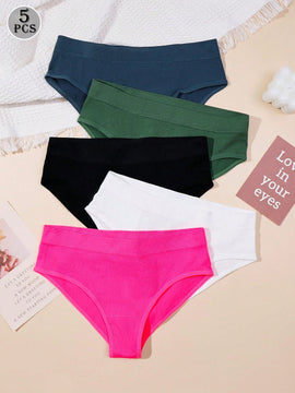 Set de 5 bragas basicas sin costuras, de cintura baja, comodas y transpirables con costilla para mujeres