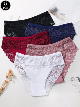 Set de 5 pantaletas de algodon con encaje en la cintura, parche y diseno transpirable y comodo con adorno de encaje