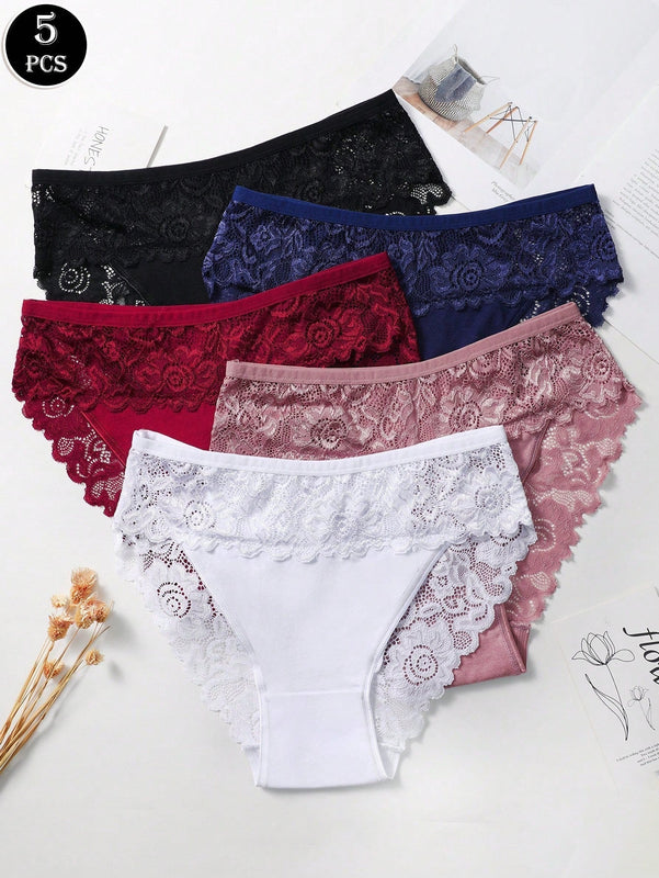 Set de 5 pantaletas de algodon con encaje en la cintura, parche y diseno transpirable y comodo con adorno de encaje