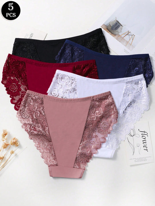 Set de 5 pantaletas de algodon con encaje en la cintura, parche y diseno transpirable y comodo con adorno de encaje