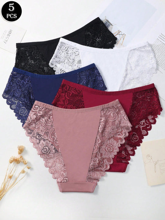 Set de 5 bragas/pantis de algodon comodos y transpirables con aplicaciones de encaje para mujeres