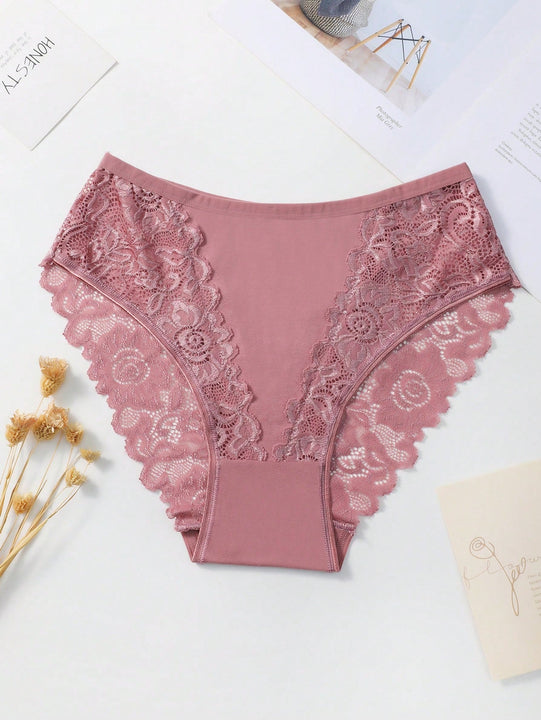 Set de 5 bragas/pantis de algodon comodos y transpirables con aplicaciones de encaje para mujeres