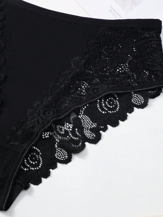 Set de 5 bragas/pantis de algodon comodos y transpirables con aplicaciones de encaje para mujeres