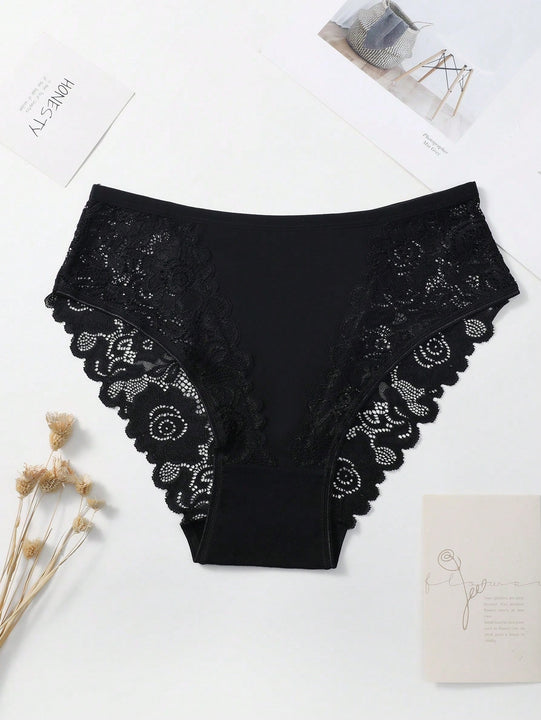 Set de 5 bragas/pantis de algodon comodos y transpirables con aplicaciones de encaje para mujeres