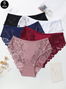 Set de 5 bragas/pantis de algodon comodos y transpirables con aplicaciones de encaje para mujeres