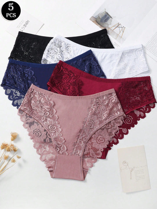Set de 5 bragas/pantis de algodon comodos y transpirables con aplicaciones de encaje para mujeres