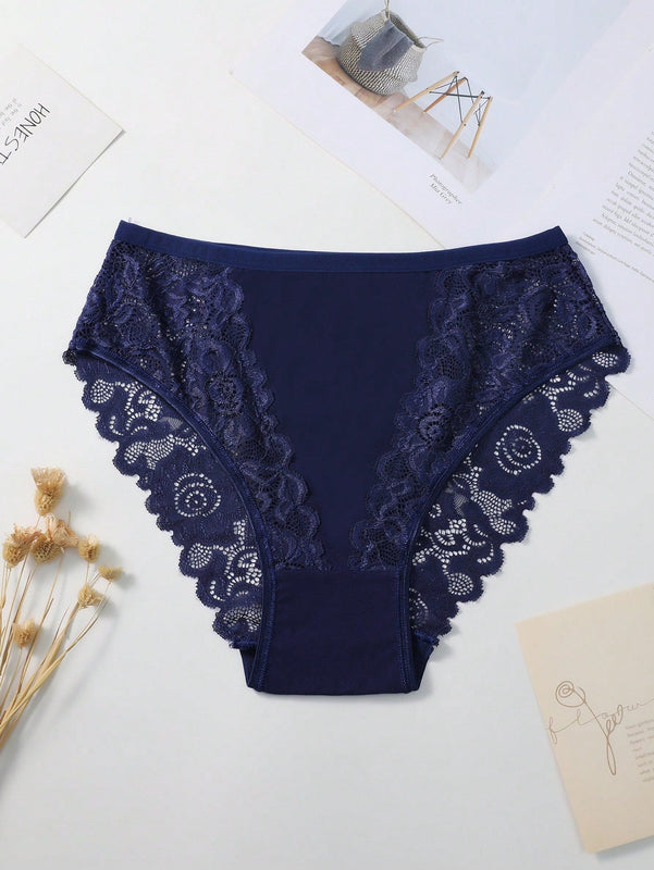 Set de 5 bragas/pantis de algodon comodos y transpirables con aplicaciones de encaje para mujeres