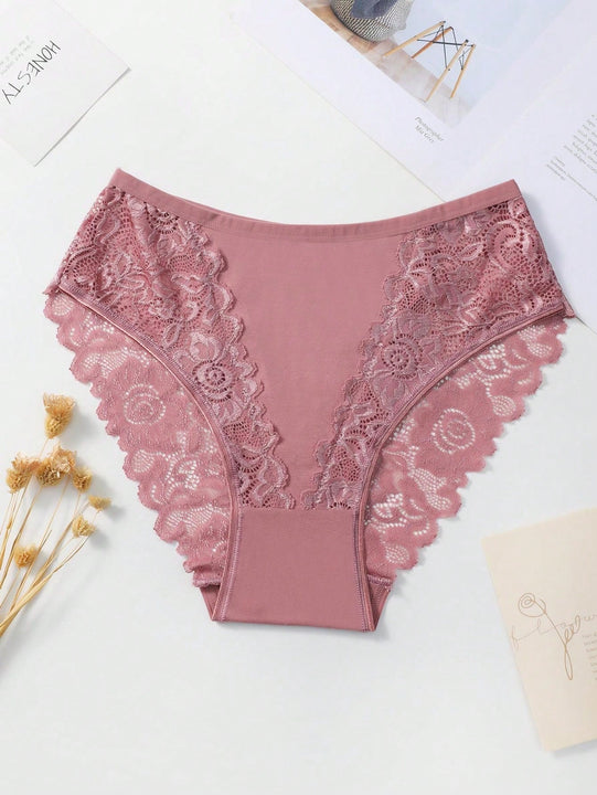 Set de 5 bragas/pantis de algodon comodos y transpirables con aplicaciones de encaje para mujeres