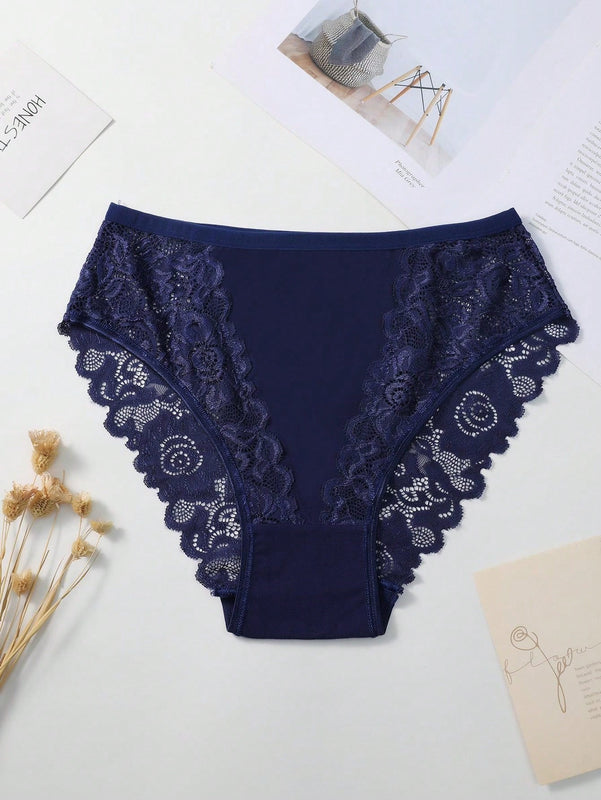 Set de 5 bragas/pantis de algodon comodos y transpirables con aplicaciones de encaje para mujeres