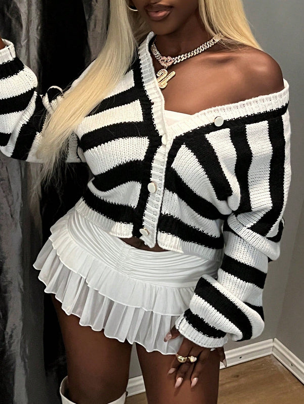 Bamgleam chaqueta de punto de manga larga para mujer, cardigan de botones en blanco y negro a rayas horizontales, con corte sexy y suelto, perfecto para reuniones con amigas, uso en todas las estaciones, ropa de mujer para otono e invierno