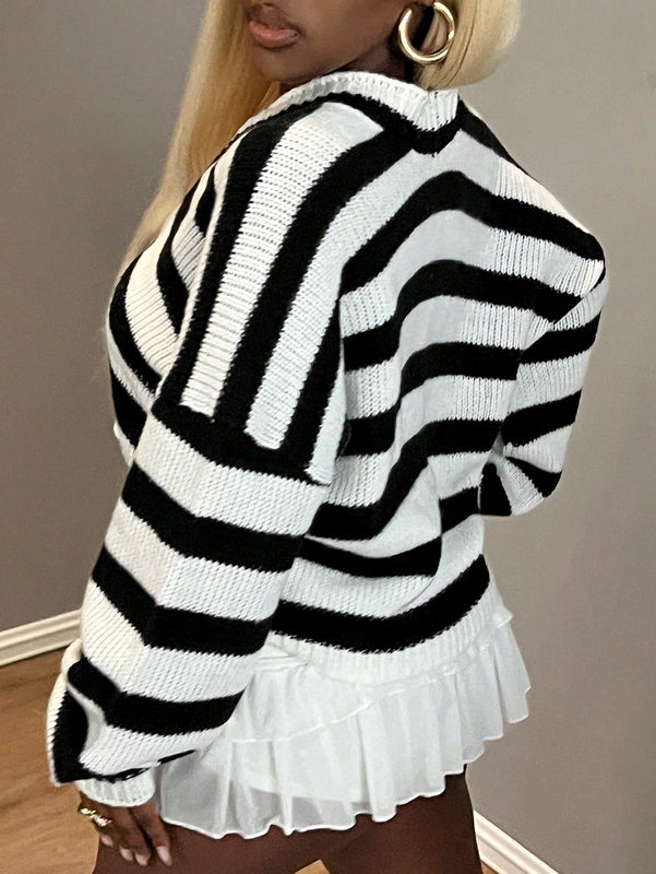 Bamgleam chaqueta de punto de manga larga para mujer, cardigan de botones en blanco y negro a rayas horizontales, con corte sexy y suelto, perfecto para reuniones con amigas, uso en todas las estaciones, ropa de mujer para otono e invierno