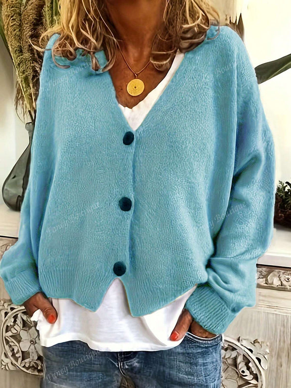 Nuevo cardigan de punto de manga larga informal con cuello en v y abotonado, color negro, para mujeres, adecuado como prenda de abrigo, estilo otono/invierno 2024