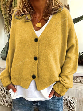 Nuevo cardigan de punto de manga larga informal con cuello en v y abotonado, color negro, para mujeres, adecuado como prenda de abrigo, estilo otono/invierno 2024