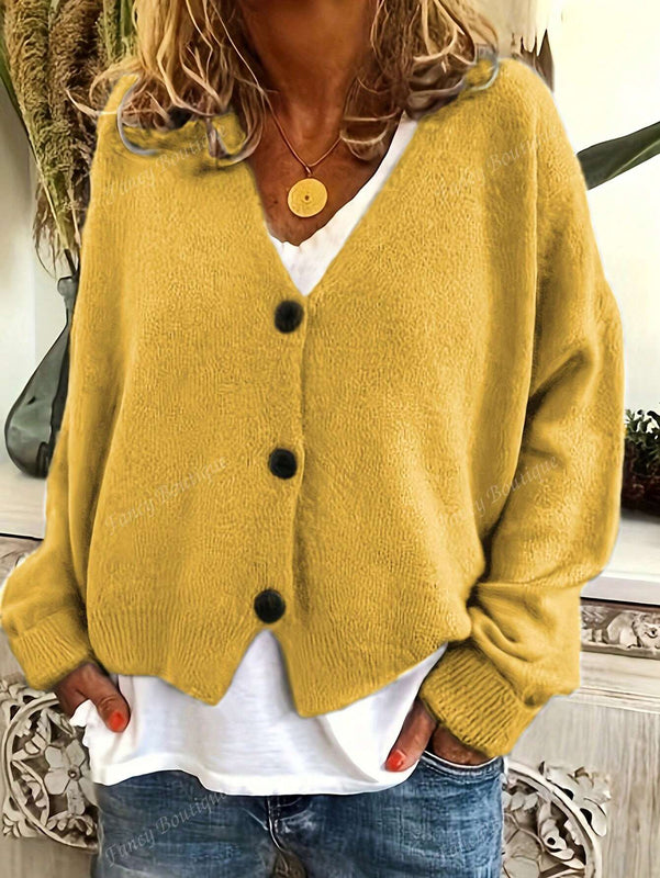 Nuevo cardigan de punto de manga larga informal con cuello en v y abotonado, color negro, para mujeres, adecuado como prenda de abrigo, estilo otono/invierno 2024