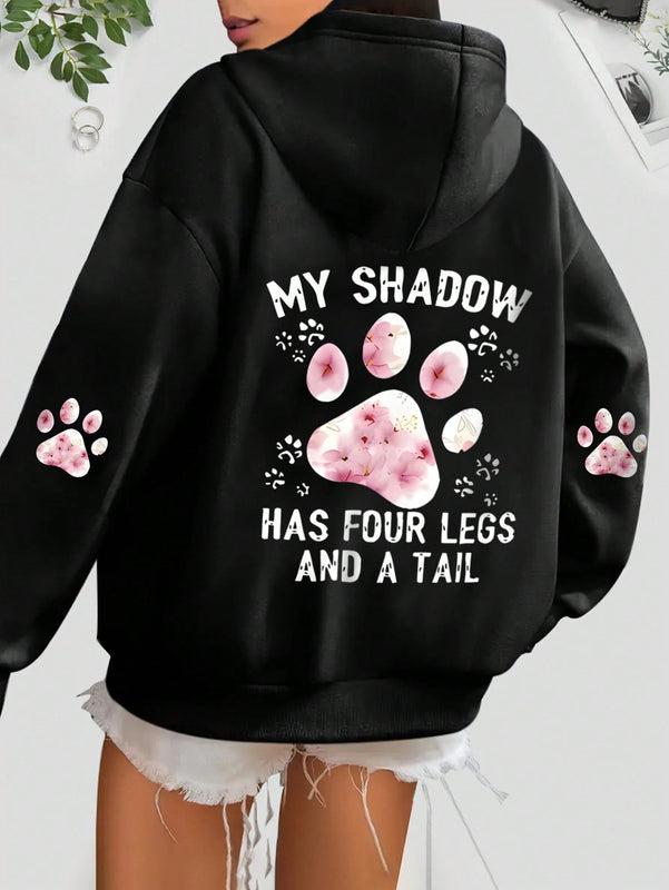 Lune sudadera con capucha informal para mujer con estampado de letra y pata de perro, para otono/invierno