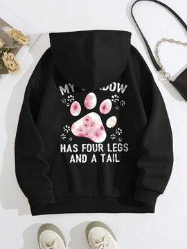 Lune sudadera con capucha informal para mujer con estampado de letra y pata de perro, para otono/invierno