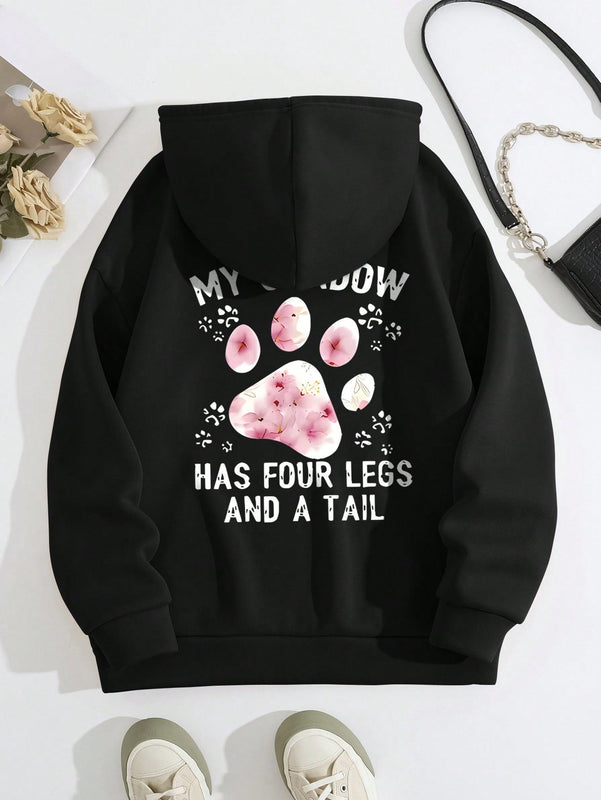 Lune sudadera con capucha informal para mujer con estampado de letra y pata de perro, para otono/invierno