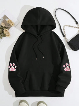 Lune sudadera con capucha informal para mujer con estampado de letra y pata de perro, para otono/invierno