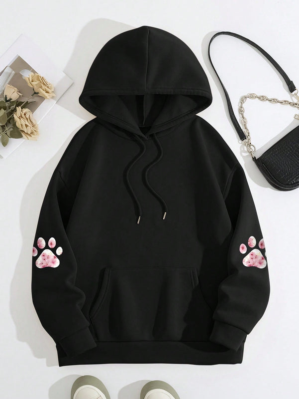 Lune sudadera con capucha informal para mujer con estampado de letra y pata de perro, para otono/invierno