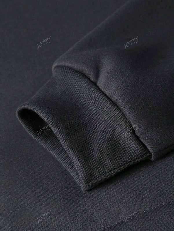 Sudadera con capucha negra holgada de mujer con estampado de lema, hombros caidos y cordon, primavera y otono
