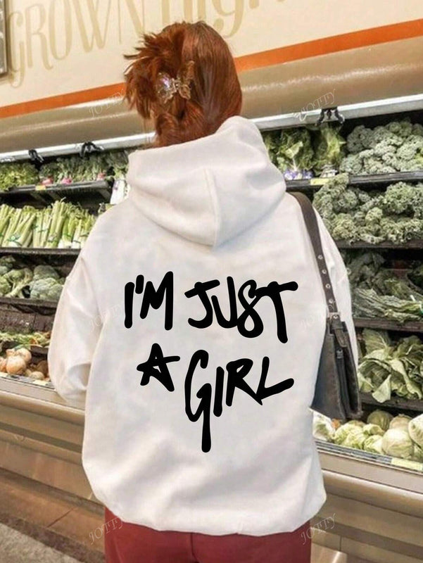 Sudadera con capucha negra holgada de mujer con estampado de lema, hombros caidos y cordon, primavera y otono