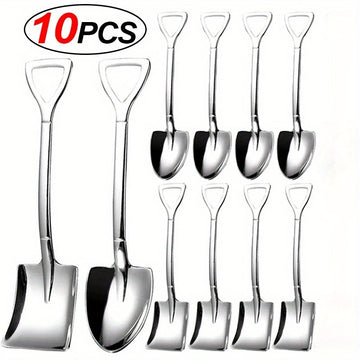 Juego de 10 cucharas de postre de acero inoxidable - Cucharas de té elegantes en forma de pala para café, helado, fruta, cubertería de mesa de cocina