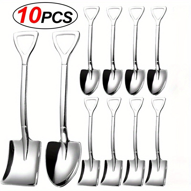 Juego de 10 cucharas de postre de acero inoxidable - Cucharas de té elegantes en forma de pala para café, helado, fruta, cubertería de mesa de cocina