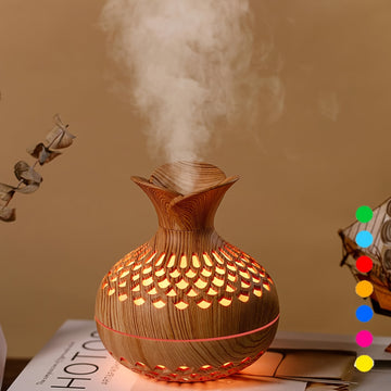 Humidificador de aroma de madera de lujo, alimentado por USB, niebla fría, 36 V, elegante diseño hueco, prefiltro, humidificación por evaporación, ambiente romántico, para dormitorio y varias habitaciones.