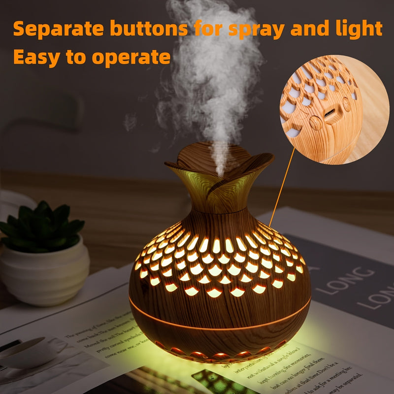 Humidificador de aroma de madera de lujo, alimentado por USB, niebla fría, 36 V, elegante diseño hueco, prefiltro, humidificación por evaporación, ambiente romántico, para dormitorio y varias habitaciones.