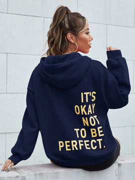 Ezwear sudadera informal con capucha y estampado de lema en azul marino para otono e invierno