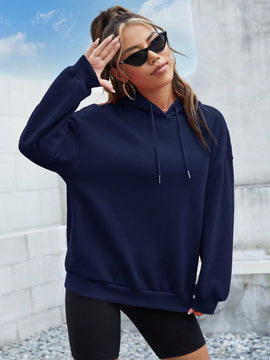 Ezwear sudadera informal con capucha y estampado de lema en azul marino para otono e invierno