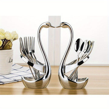 2 Elegantes Porta Cubiertos en Forma de Cisne de Acero Inoxidable, Equipados con un Juego Adicional de 3 Tenedores y 3 Cucharas - Perfecto para Servicios de Catering