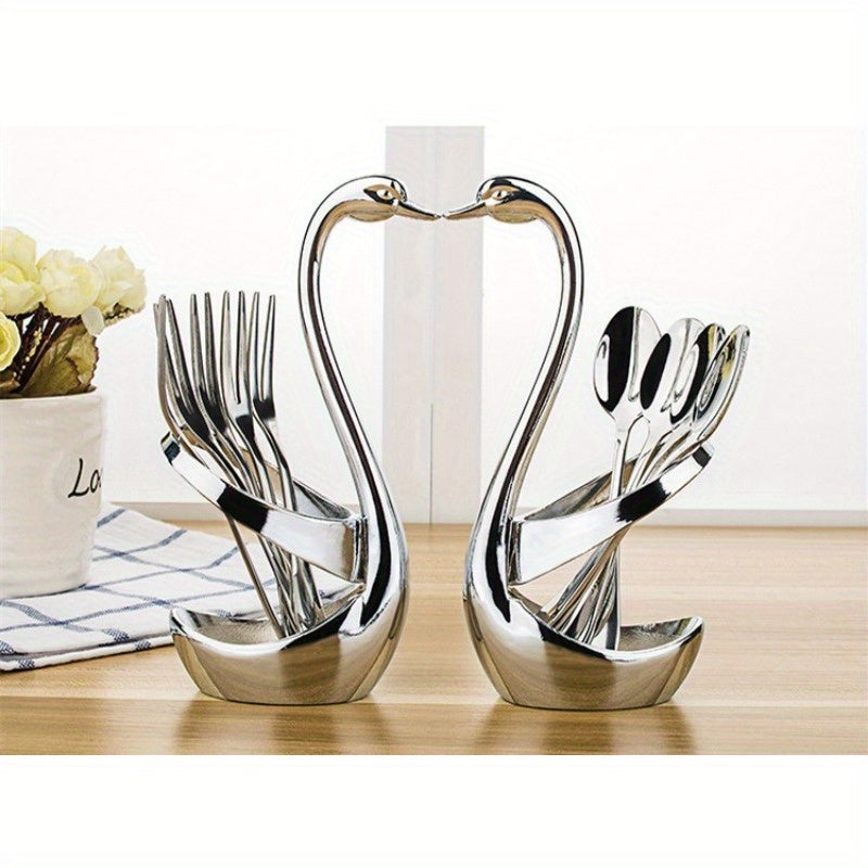 2 Elegantes Porta Cubiertos en Forma de Cisne de Acero Inoxidable, Equipados con un Juego Adicional de 3 Tenedores y 3 Cucharas - Perfecto para Servicios de Catering