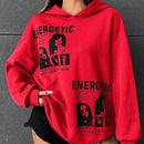 Ezwear sudadera con capucha con grafico de retrato con eslogan de manga larga y caida de hombros roja para mujer de otono/invierno