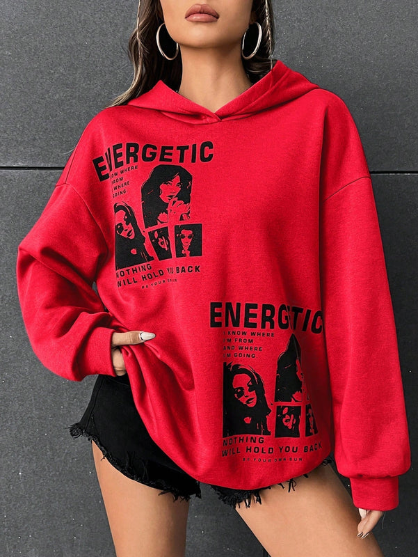Ezwear sudadera con capucha con grafico de retrato con eslogan de manga larga y caida de hombros roja para mujer de otono/invierno