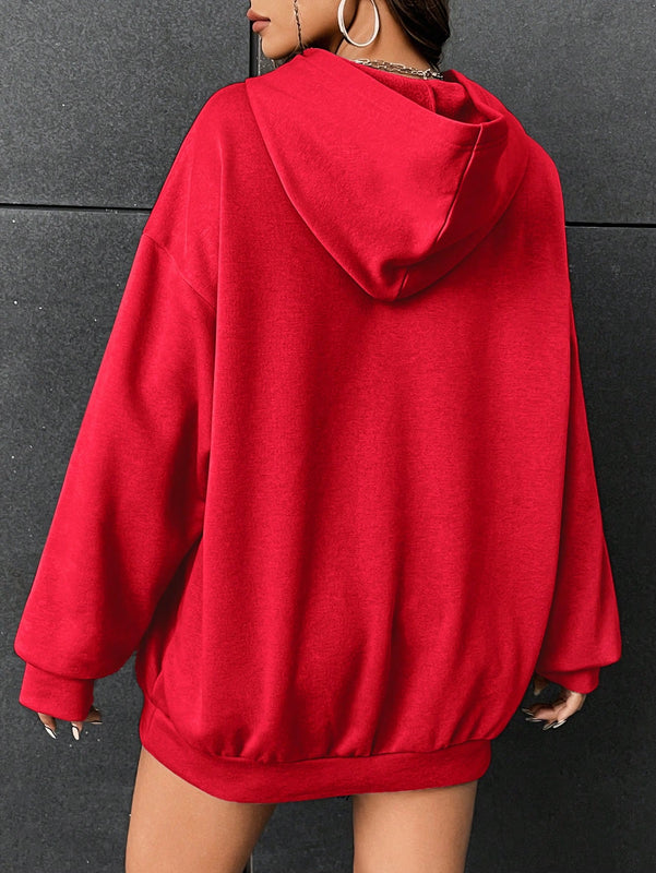 Ezwear sudadera con capucha con grafico de retrato con eslogan de manga larga y caida de hombros roja para mujer de otono/invierno