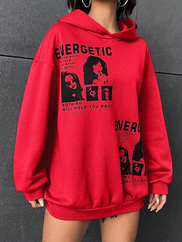 Ezwear sudadera con capucha con grafico de retrato con eslogan de manga larga y caida de hombros roja para mujer de otono/invierno
