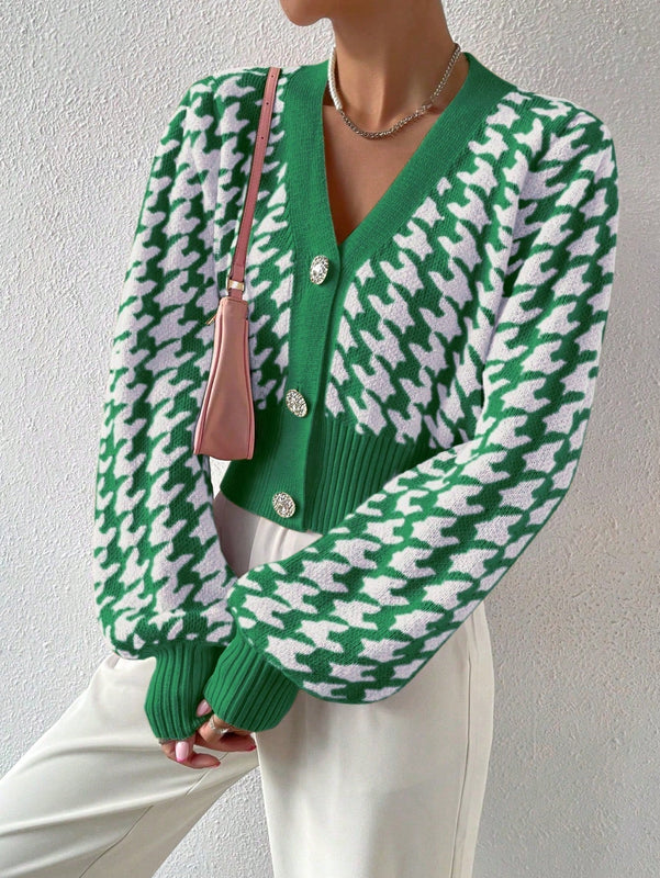 Essnce cardigan casual de mujer con botones y mangas de farol, dobladillo ancho y estampado de pata de gallo