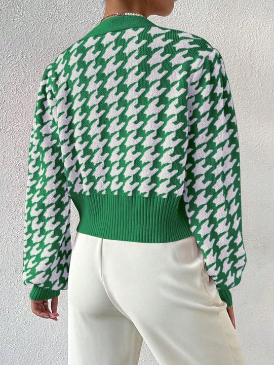 Essnce cardigan casual de mujer con botones y mangas de farol, dobladillo ancho y estampado de pata de gallo